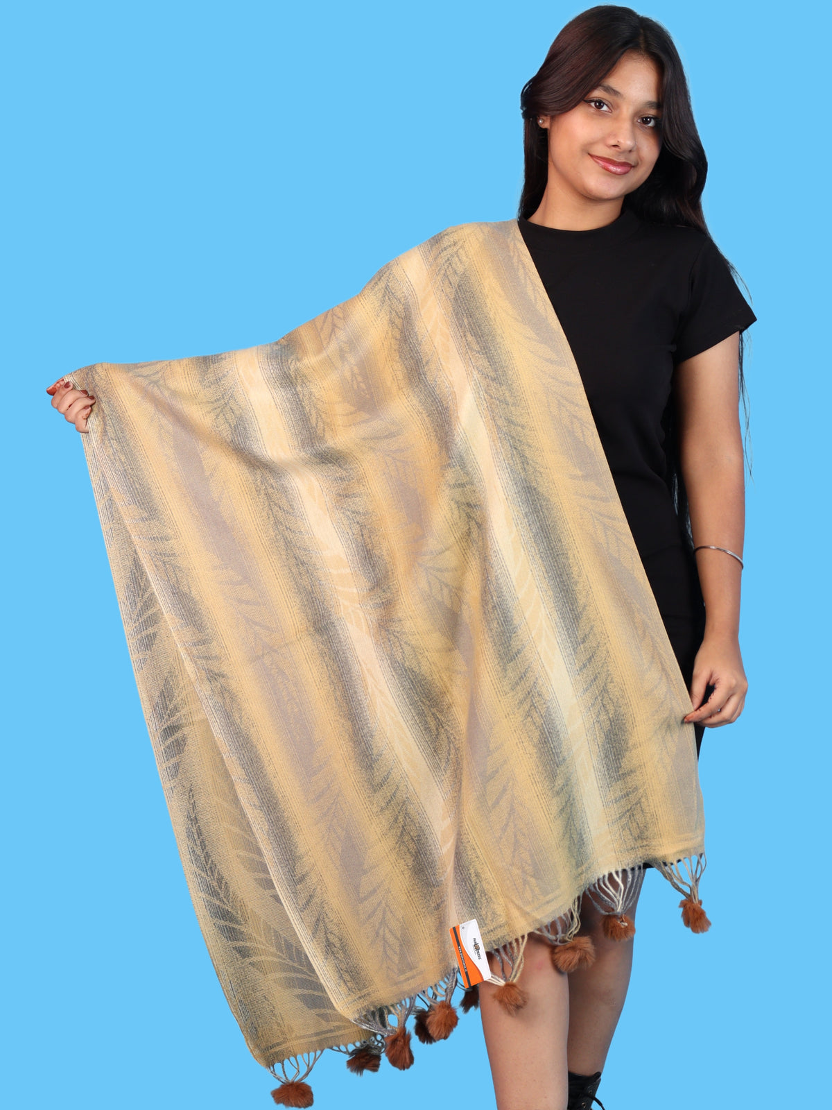 Pick Ur Needs Womens Designer Woolen Shawl & Stole with Elegant Leaf Pattern and Pom Pom Tassels, Winter Soft Warm Lightweight Winter Wrap