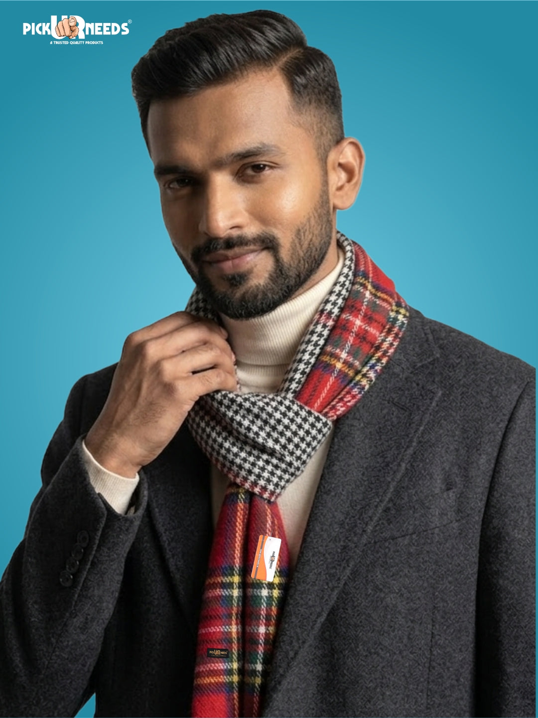 Pick Ur Needs Reversible Winter Muffler for Men Premium Soft Wool Blend Scarf Dual-Design Check & Houndstooth Pattern Warm & Stylish Winter Neck Wrap