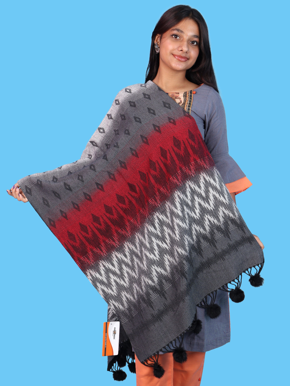 Pick Ur Needs Women Winter Shawl Soft Warm Geometric Printed Woolen Style Stole with Pom Pom Tassels Stylish Long Wrap Muffler for Women & Girls