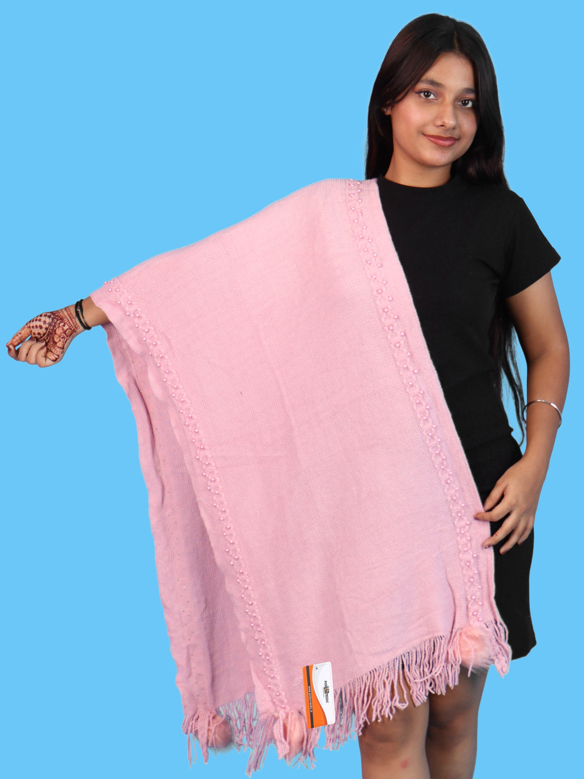 Pick Ur Needs Women & Girls Elegant Woolen Shawl with Beaded Border & Fringed Ends, Soft Warm Lightweight Winter Wrap Stole