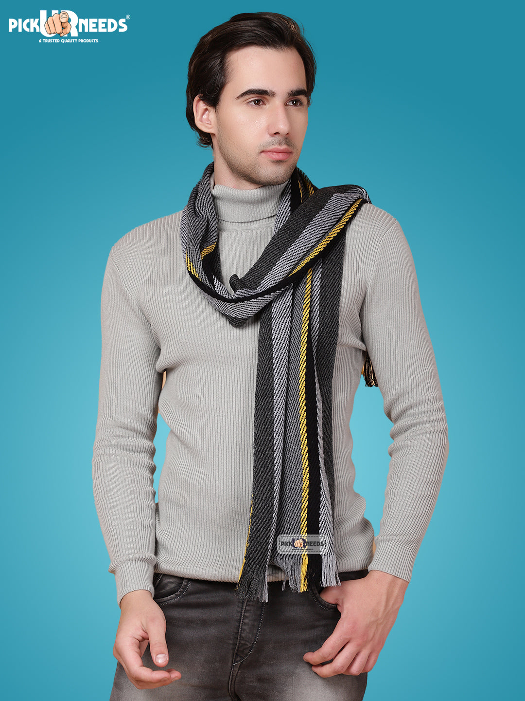 Pick Ur Needs Premium Men's Warm And Stylish Woolen Muffler With Multicolour Stripes And Stylish Tussles Ends