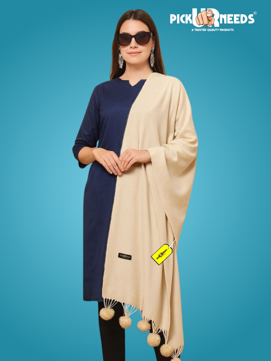 Pick Ur Needs Premium Women’s Wool Blend Scarf Soft Woolen Shawl Winter Stole with Tassels & Pom Poms