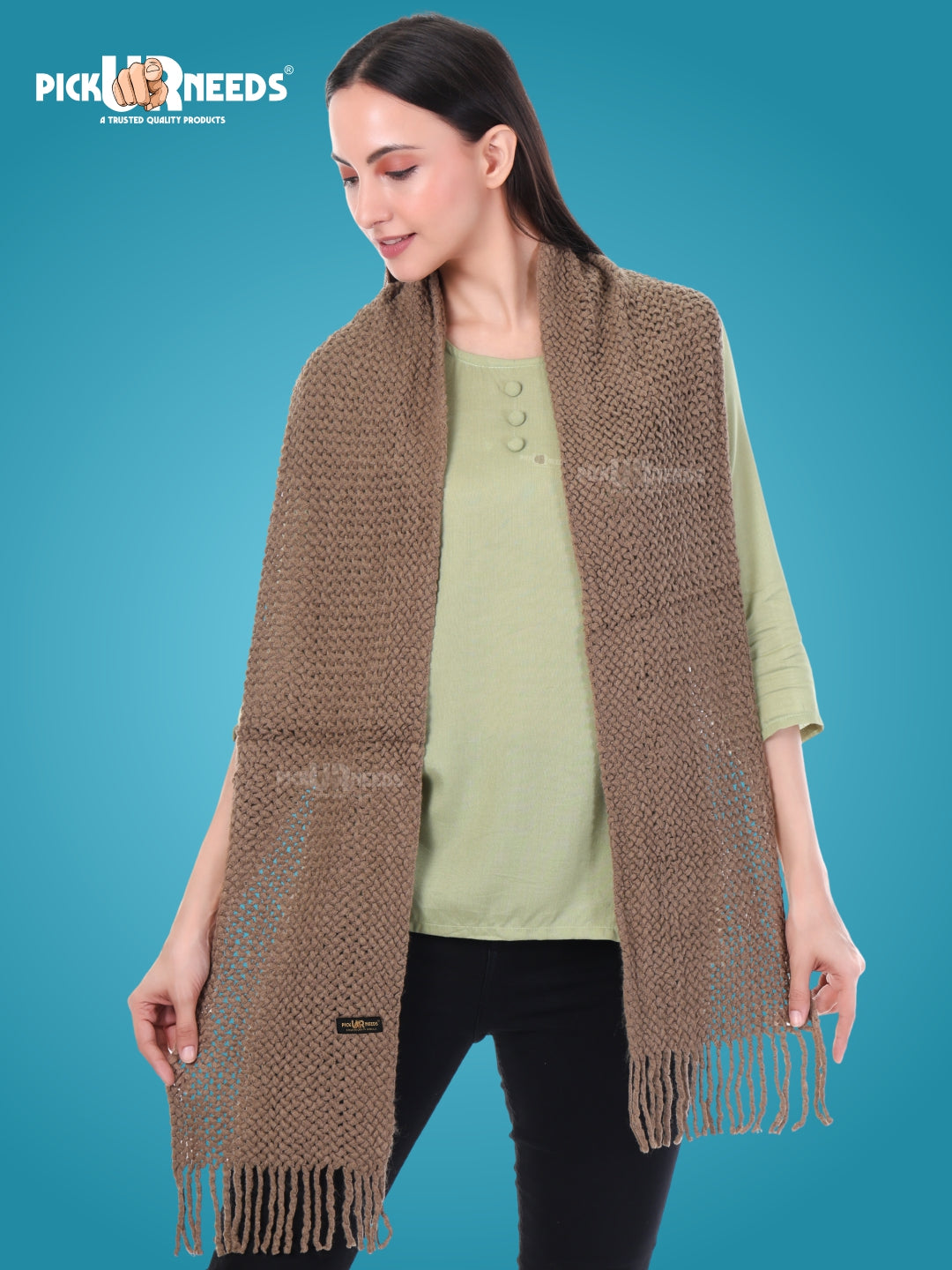 Pick Ur Needs Women's Chunky Knit Scarf  Soft, Warm & Breathable Winter Muffler  Unisex Solid Tan Textured Knit with Fringes