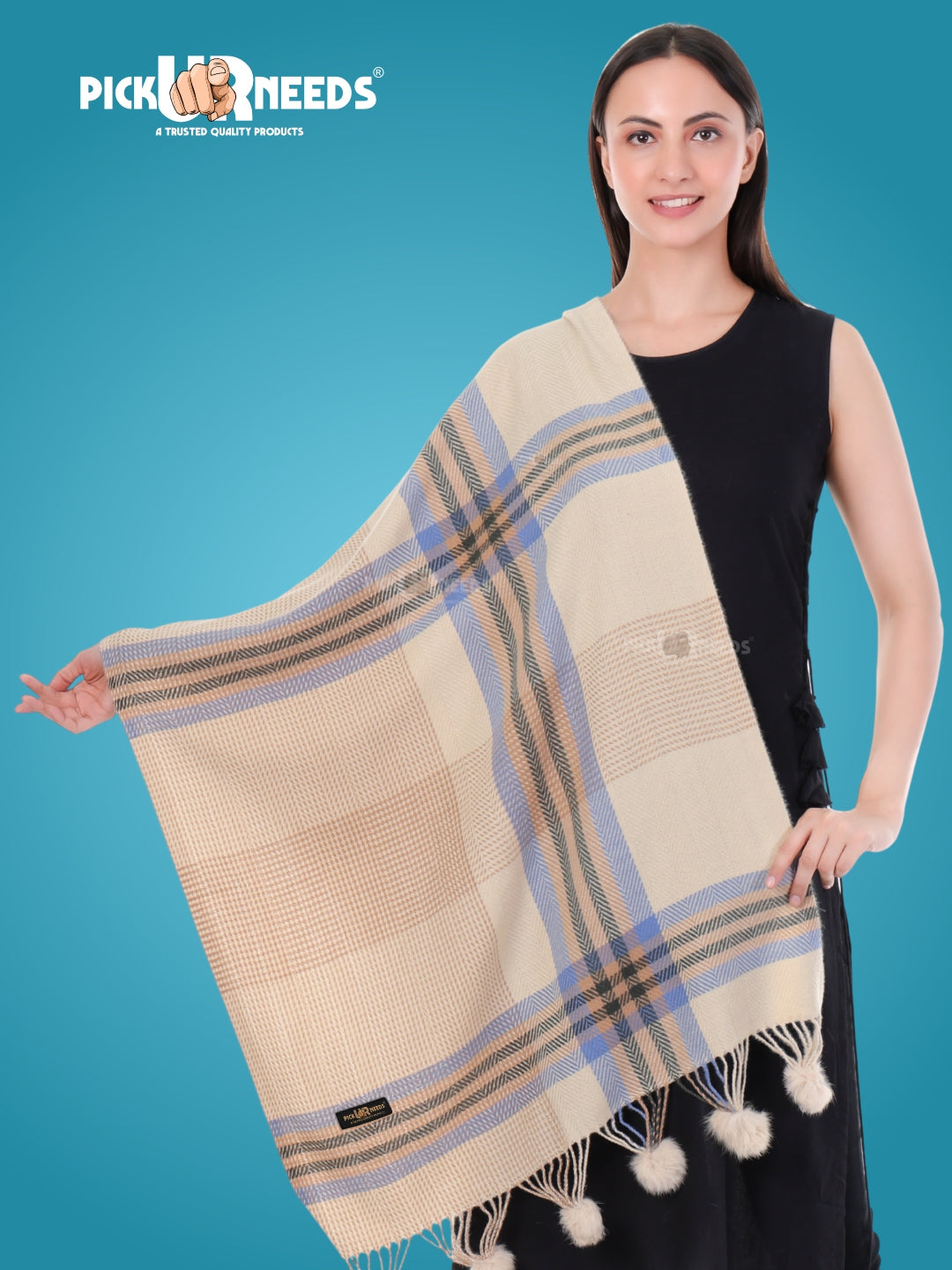 Pick Ur Needs Women's Soft Plaid Shawl Wrap Scarf with Pom Poms Warm Blanket Stole Fashionable Winter Gift for Ladies