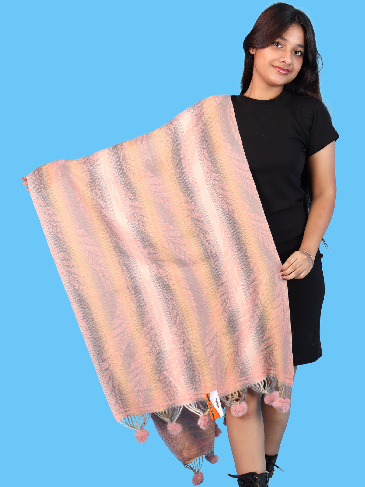 Pick Ur Needs Womens Designer Woolen Shawl & Stole with Elegant Leaf Pattern and Pom Pom Tassels, Winter Soft Warm Lightweight Winter Wrap