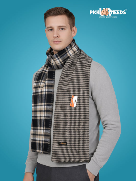 Pick Ur Needs Reversible Winter Muffler for Men Premium Soft Wool Blend Scarf Dual-Design Check & Houndstooth Pattern Warm & Stylish Winter Neck Wrap