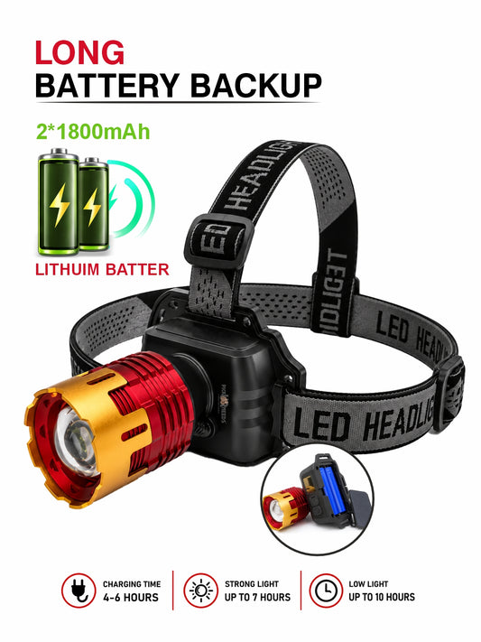 Pick Ur Needs 200W Rechargeable LED Headlamp Torch with Adjustable Elastic Head Strap 10 hrs Torch Emergency Light (Black, Red, Gold)