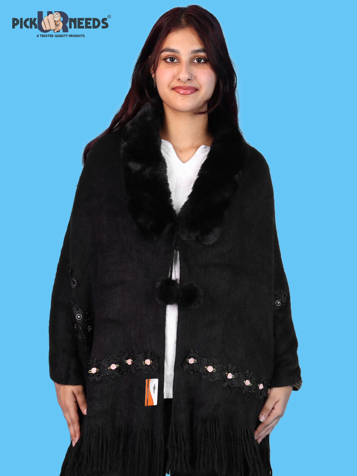 Pick Ur Needs Womens Premium Winter Shawl Shrug with Soft Fur Collar, Floral Embroidery, Pom-Pom Tie & Fringe Detailing Stylish Warm Wrap for Girls