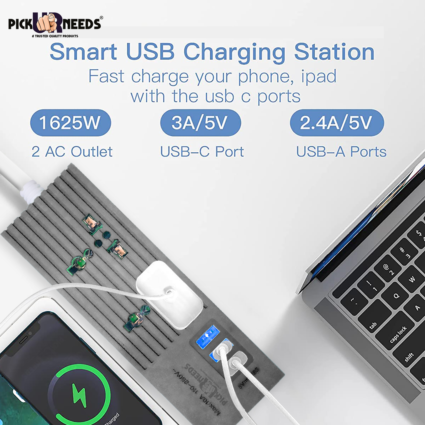Pick Ur Needs Extension Cord 10A with Universal 2 Socket & 3 USB Port Extension Boards for Multiple Use
