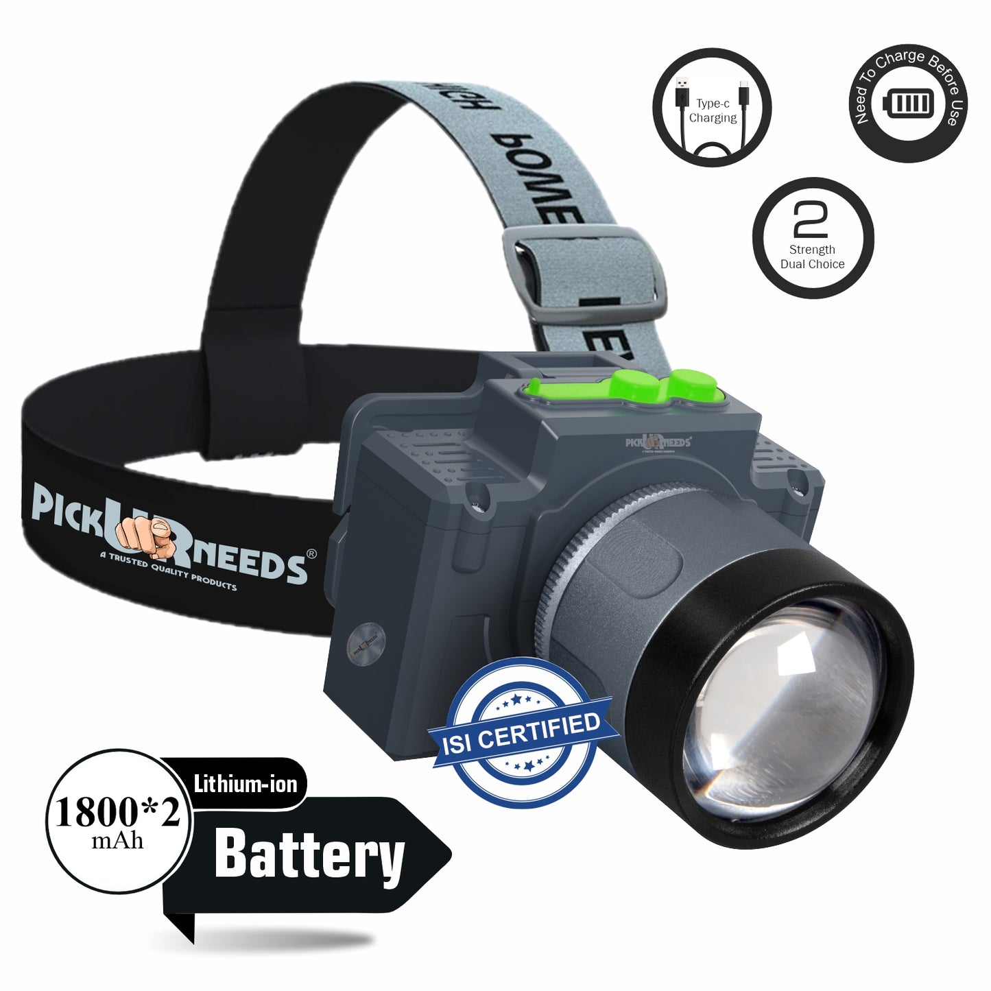 Pick Ur Needs Rechargeable Aluminium Body Head Lamp 3 Mode LED Zooming Head 200W Laser Type C 5 hrs Torch Emergency Light