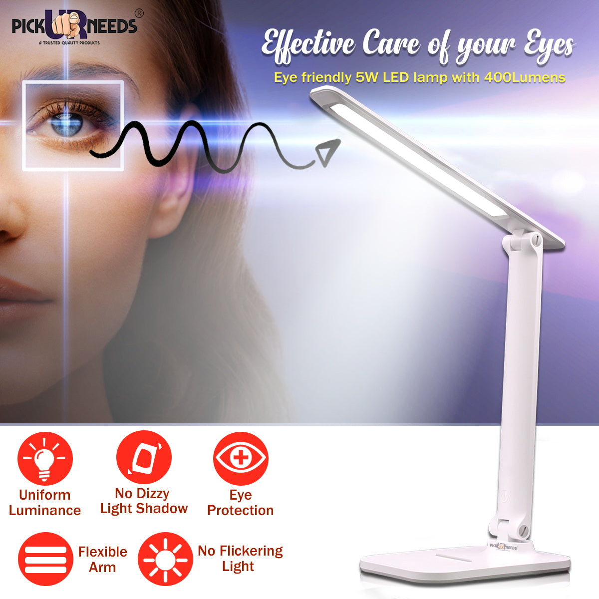 Pick Ur Needs Rechargeable Study table lamp Foldable With Touch Sensor Lithium Battery Dual Power Backup Study Lamp (42 cm, White)