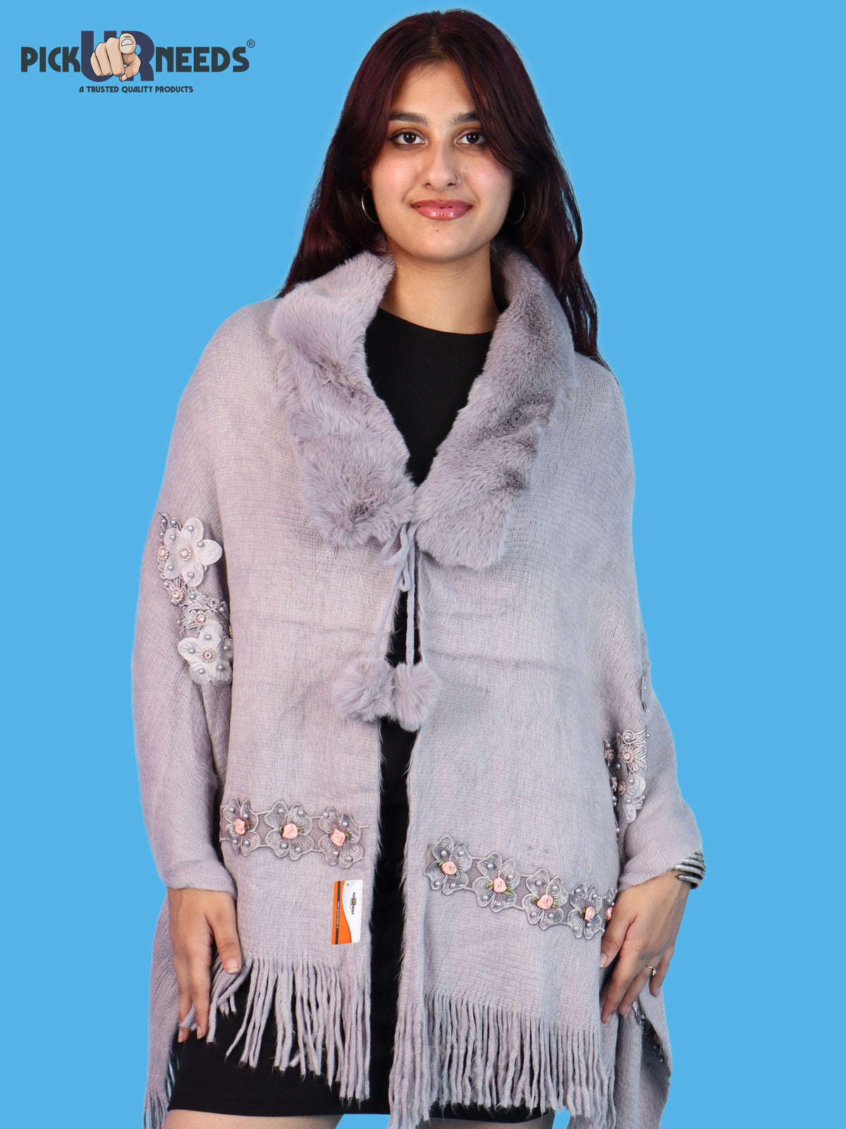 Pick Ur Needs Womens Premium Winter Shawl Shrug with Soft Fur Collar, Floral Embroidery, Pom-Pom Tie & Fringe Detailing Stylish Warm Wrap for Girls