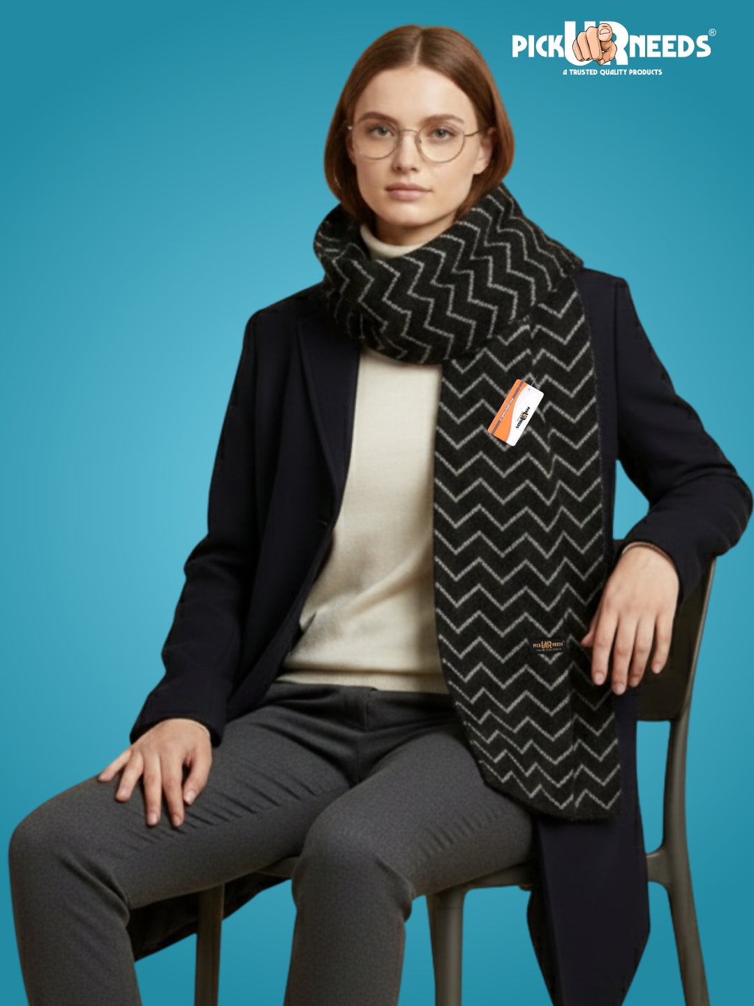 Pick Ur Needs Premium Woolen Winter Muffler with Gold Zigzag Pattern | Soft, Warm & Stylish Scarf for Women