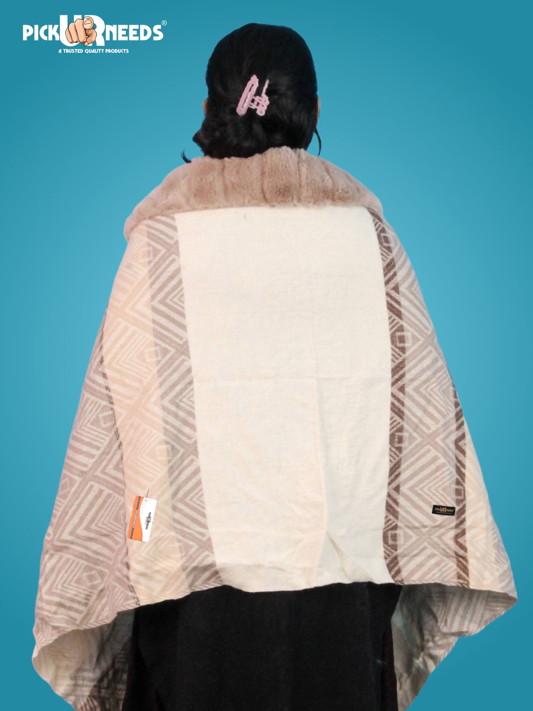 Pick Ur Needs Women's Winter Geometric Printed Faux Fur Border Shawl with Tassels  Soft Warm Wrap Stole for Casual, Party & Travel