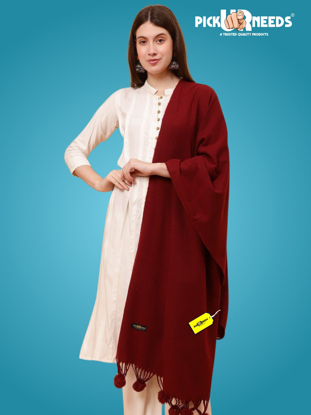 Pick Ur Needs Premium Women’s Wool Blend Scarf Soft Woolen Shawl Winter Stole with Tassels & Pom Poms