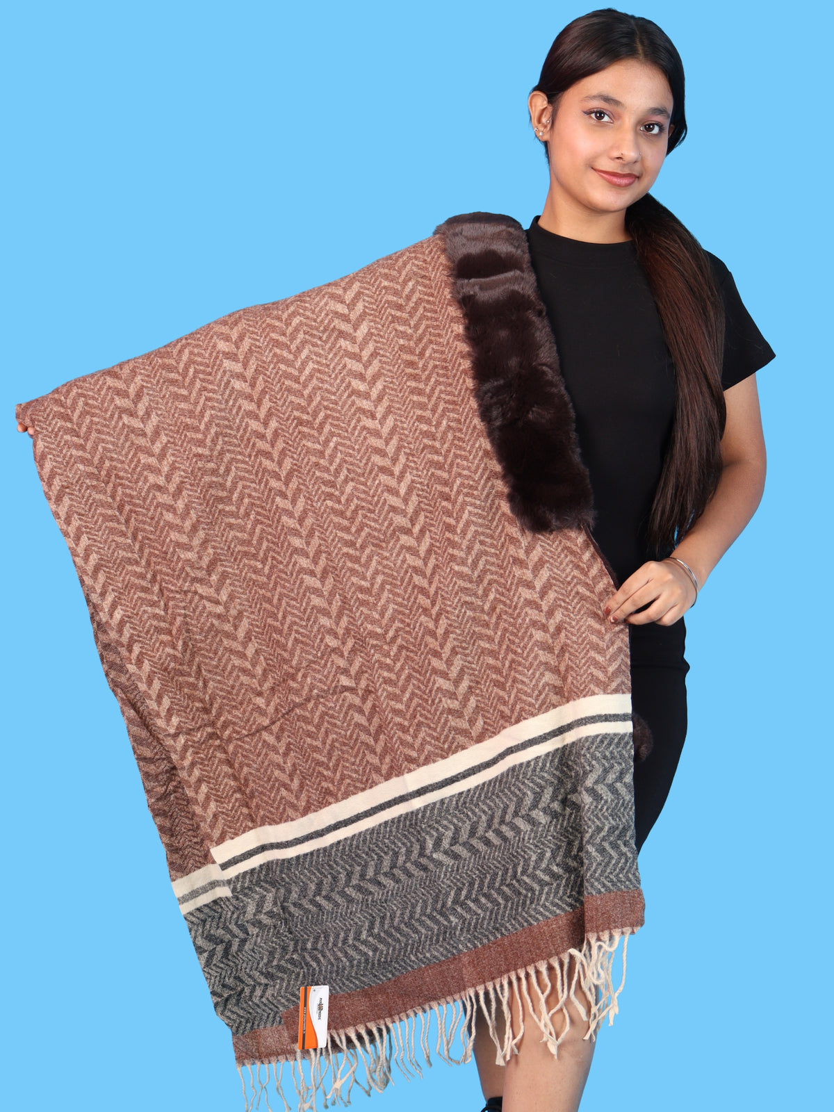 Pick Ur Needs Womens & Girls Designer Winter Shawl with Plush Fur Neckline & Patterned Border Soft Cozy Ladies Shoulder Wrap with Fringed Edges & Pom Pom Tassels