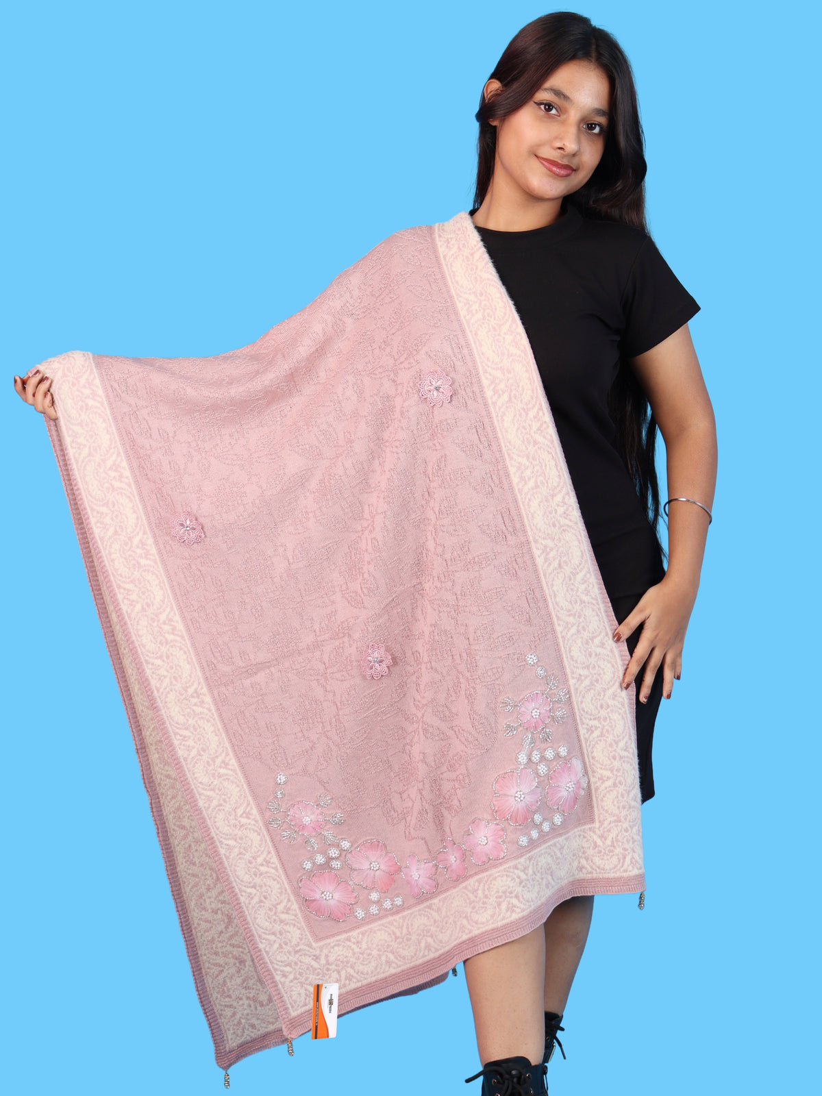 Pick Ur Needs Winter Woolen Womens Open Front Stylish Shrug with Elegant Floral Embroidery & Designer Border Soft Warm for Ladies & Girls