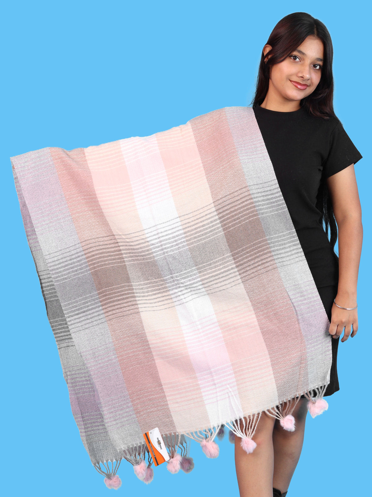 Pick Ur Needs Women & Girls Winter Shawl Soft Warm Striped Pattern Shawl with Tassel & Pom Pom Border Stylish Ladies Winter Wrap