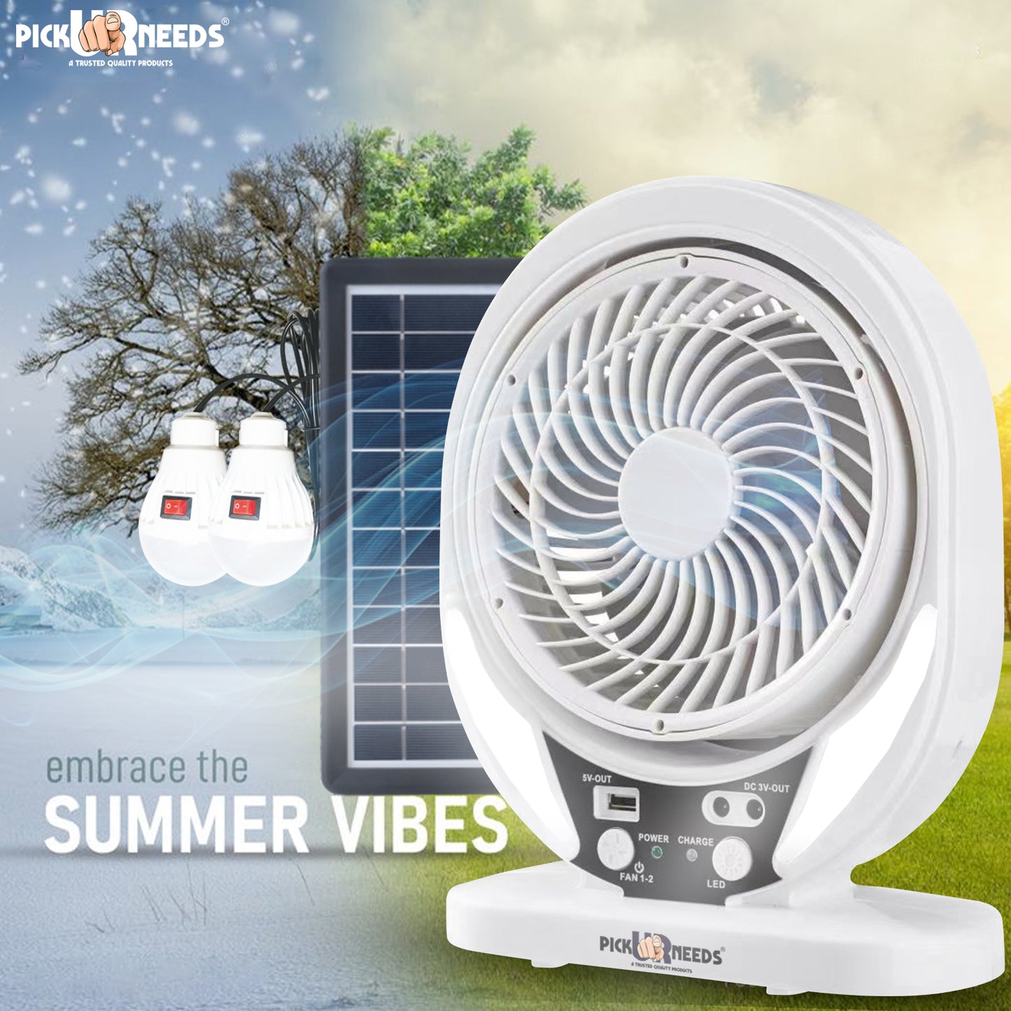 Pick Ur Needs Portable Solar Rechargeble Mini Desk Fan with 2 LED Light Bulb & Solar Panel 4500mAh Battery