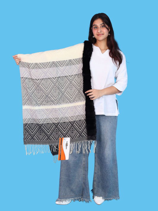 Pick Ur Needs Elegant Winter Soft & Warm Woolen Shawl with Faux Fur Border Multi Color Pattern Scarf