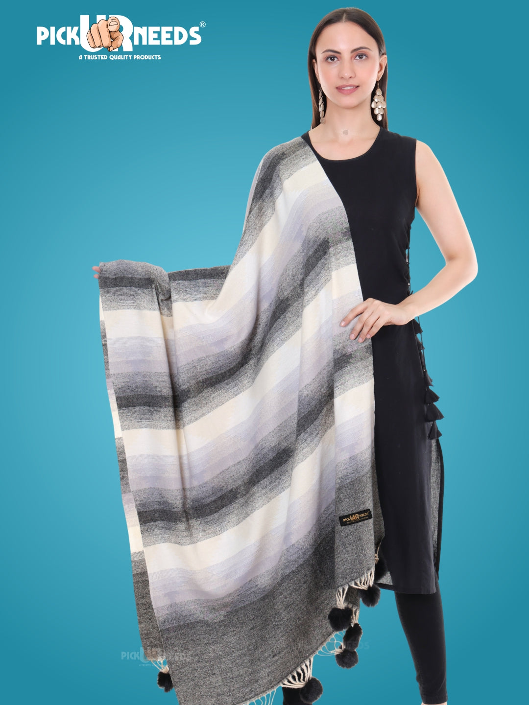 Pick Ur Needs Women’s Soft Woolen Shawl Premium Warm & Breathable Winter Stole  Elegant Striped Design with Tassels
