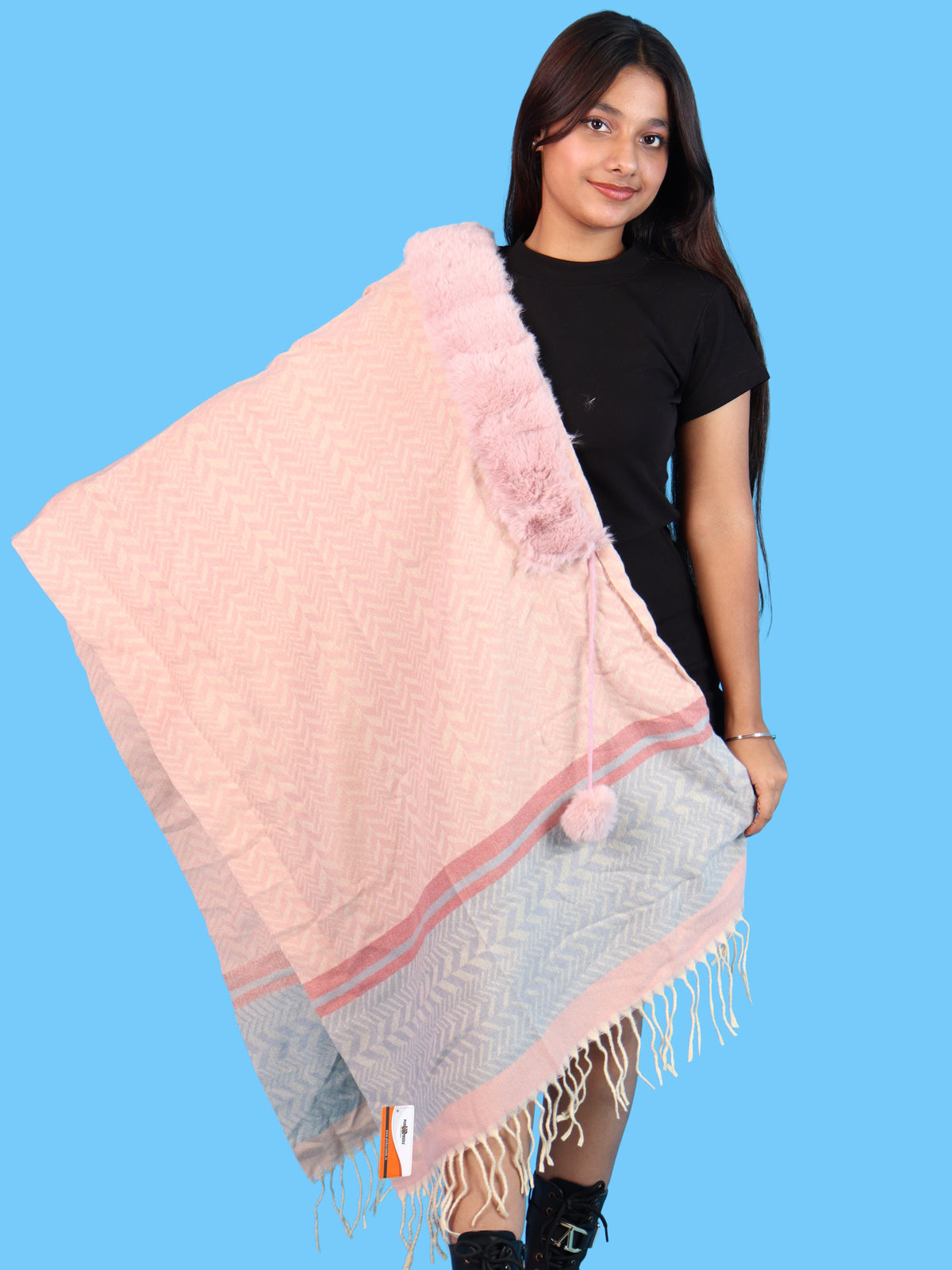 Pick Ur Needs Womens & Girls Designer Winter Shawl with Plush Fur Neckline & Patterned Border Soft Cozy Ladies Shoulder Wrap with Fringed Edges & Pom Pom Tassels