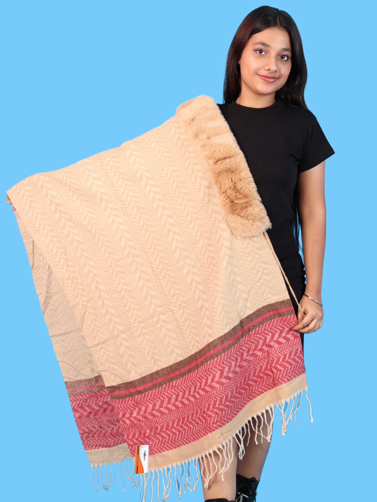 Pick Ur Needs Womens & Girls Designer Winter Shawl with Plush Fur Neckline & Patterned Border Soft Cozy Ladies Shoulder Wrap with Fringed Edges & Pom Pom Tassels