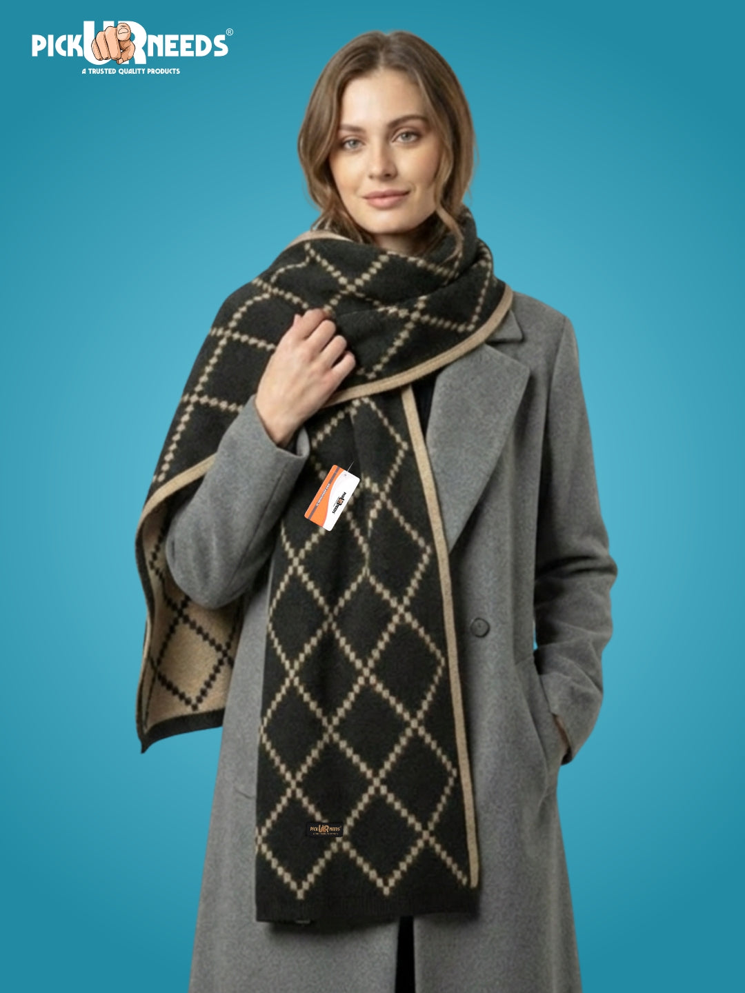 Pick Ur Needs Premium Winter Woolen Scarf for Women Designer Checkered Warm Muffler Soft, Stylish & Cozy Cold Weather Wrap
