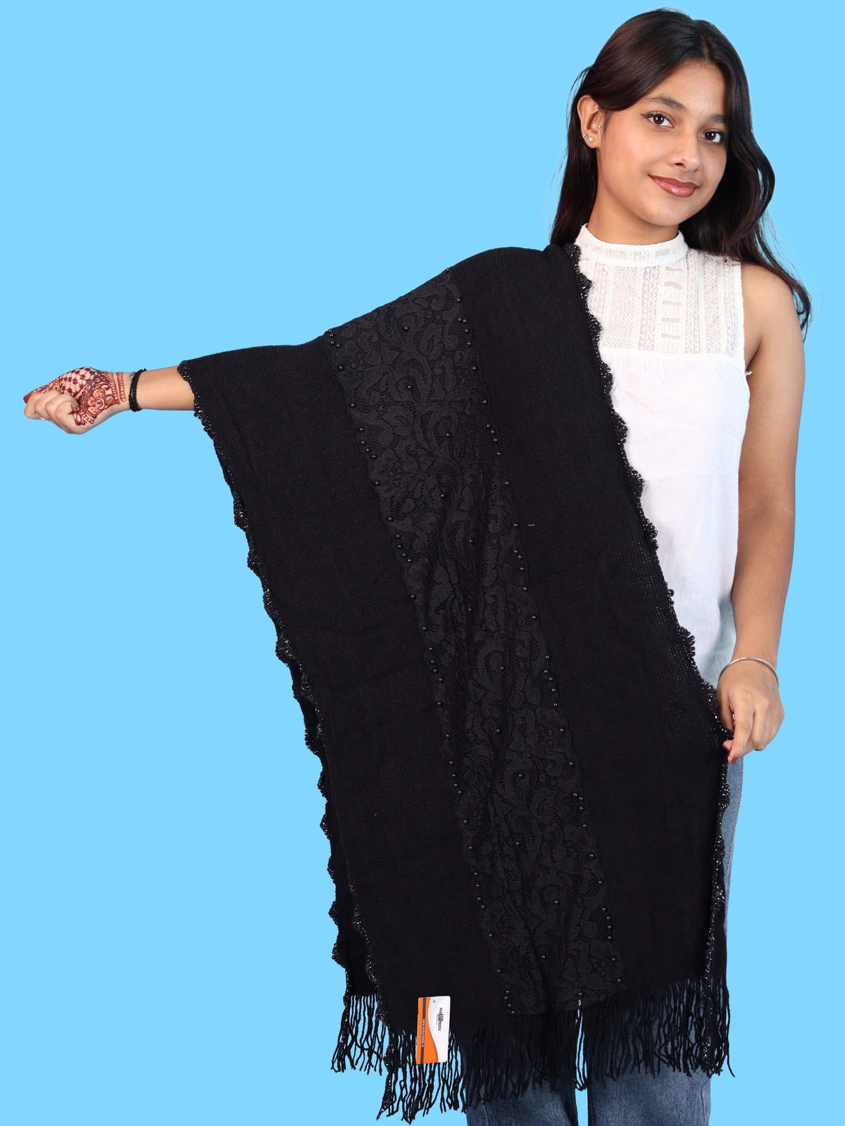Pick Ur Needs Girls & Womens Shawl with Embroidered Lace Work, Bead Detailing and Fringe Tassels, Elegant Woollen Winter Stole
