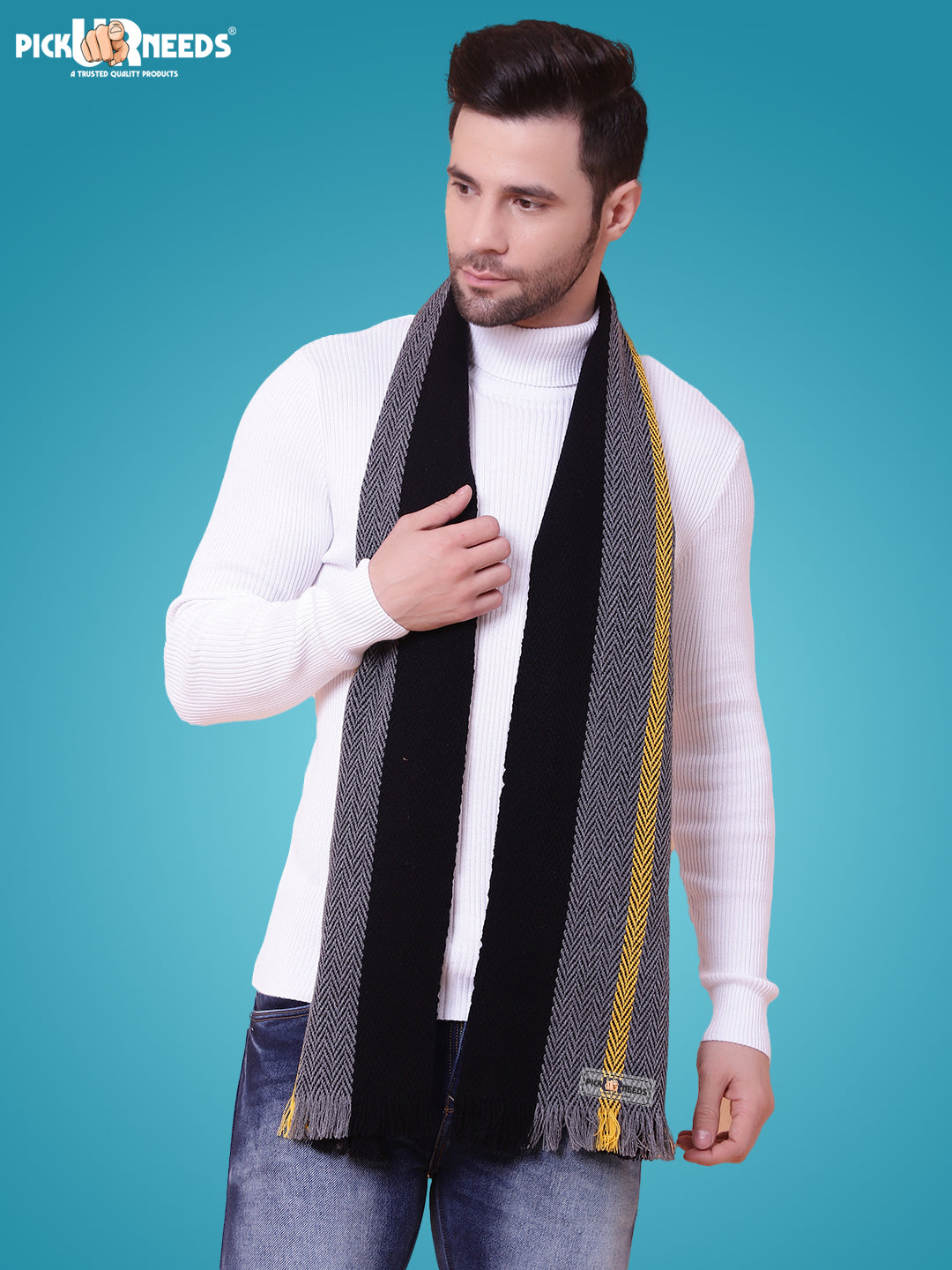 Pick Ur Needs Premium Men's Warm And Stylish Woolen Muffler With Multicolour Stripes And Stylish Tussles Ends