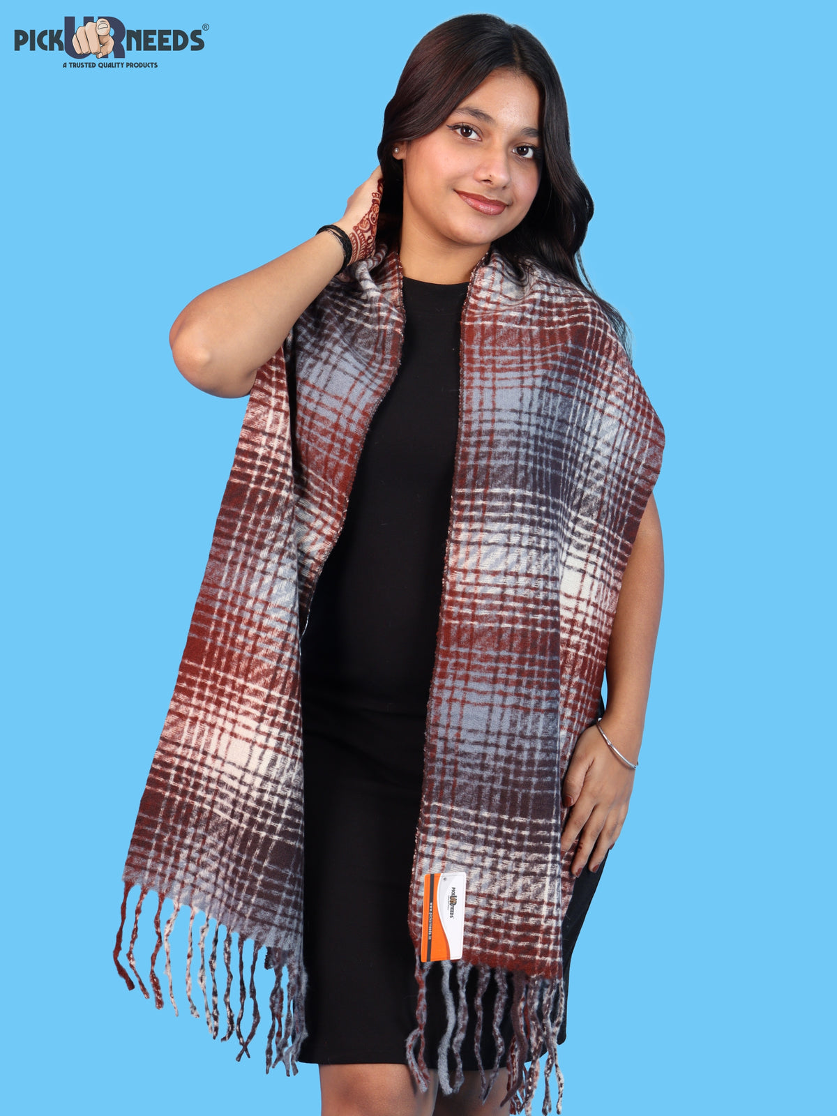 Pick Ur Needs Soft Woolen Girl's Muffler Scarf with Elegant Check Pattern,Warm & Cozy Winter Neck Wrap, Stylish Fringed Stole for Women & Girls