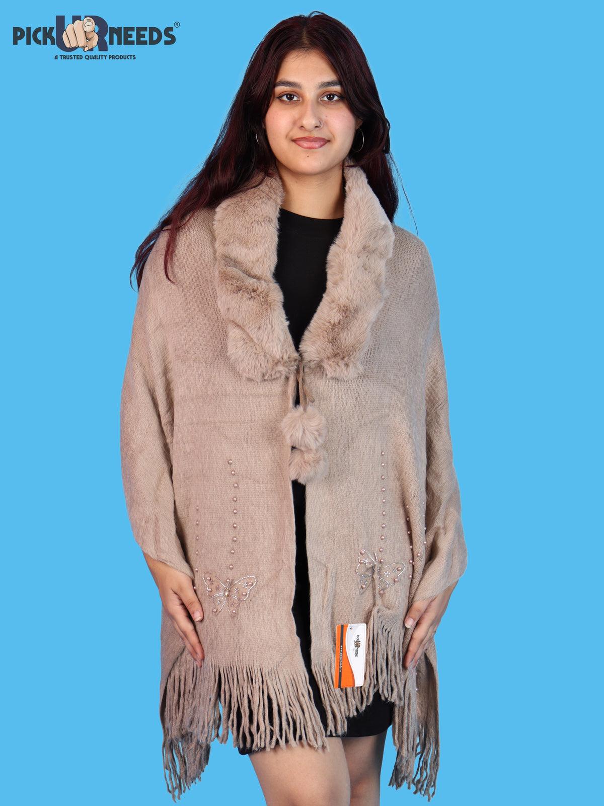 Pick Ur Needs Womens Faux Fur Collar Shrug with Pom Pom Tie Shawl Elegant Fringed Winter Wrap for Women & Girls