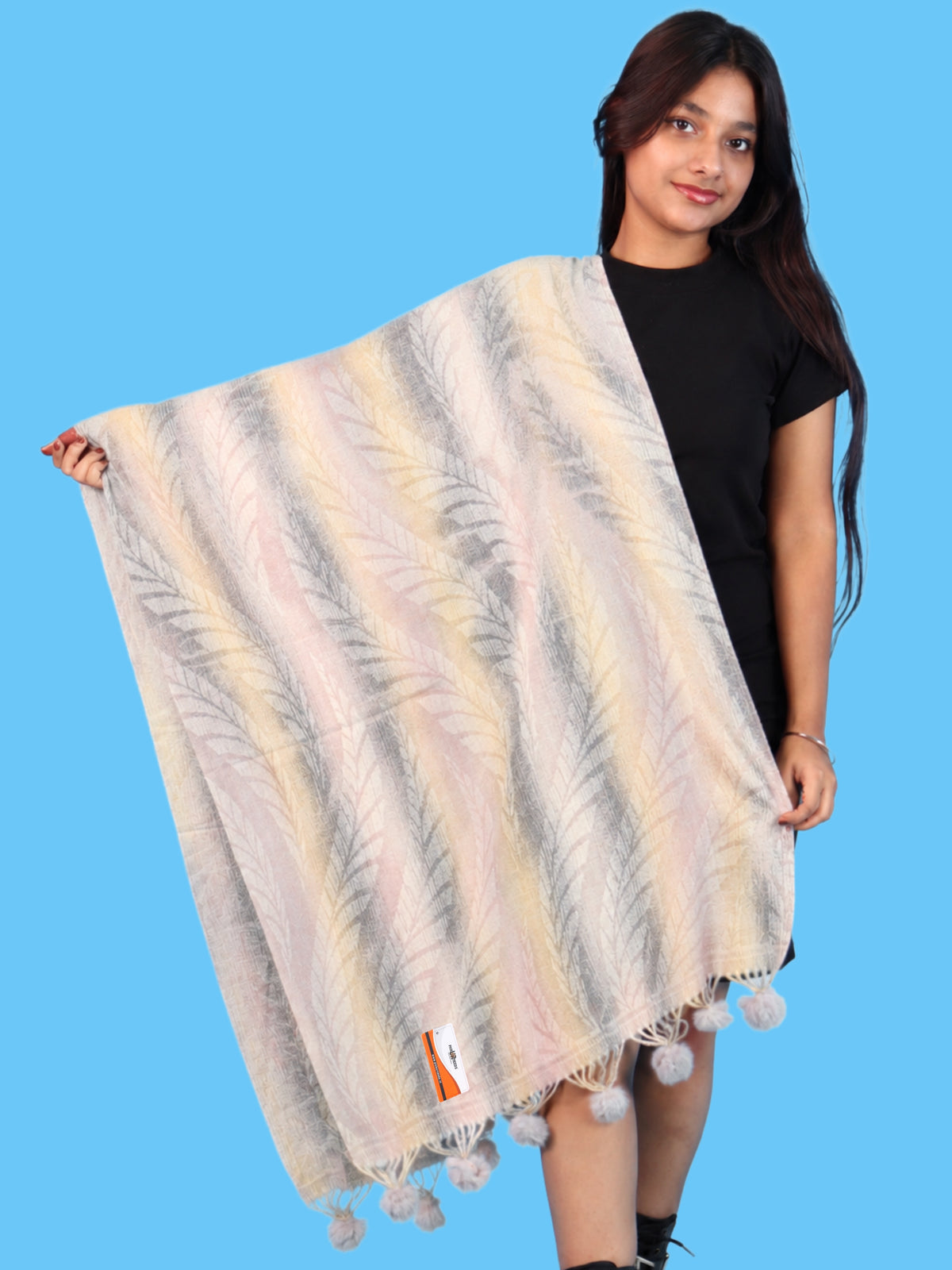 Pick Ur Needs Womens Designer Woolen Shawl & Stole with Elegant Leaf Pattern and Pom Pom Tassels, Winter Soft Warm Lightweight Winter Wrap