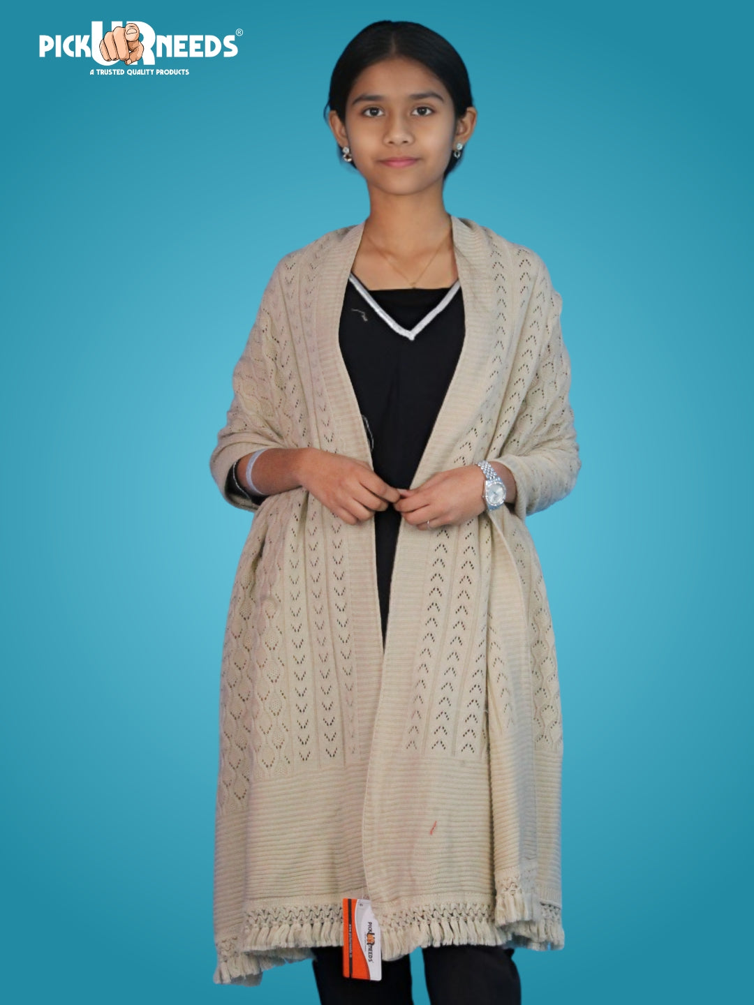 Pick Ur Needs Women’s Premium Knitted Winter Soft Shawl Woolen Warm Stole with Elegant Lace Pattern & Tassels For Girls