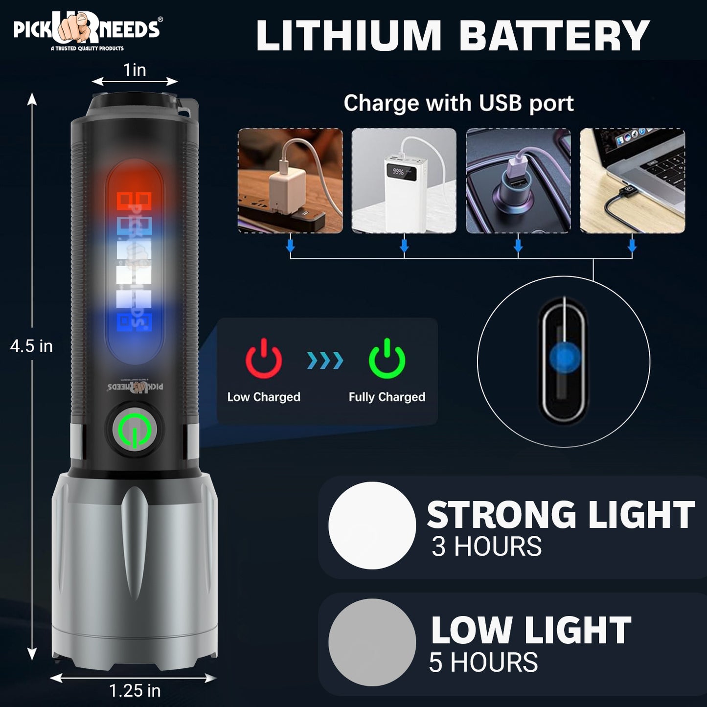 Pick Ur Needs 100W Rechargeable Zoomable Mini Pocket Torch With 3 Mode Light+Side RWB COB 3 hrs Torch Emergency Light (Black)