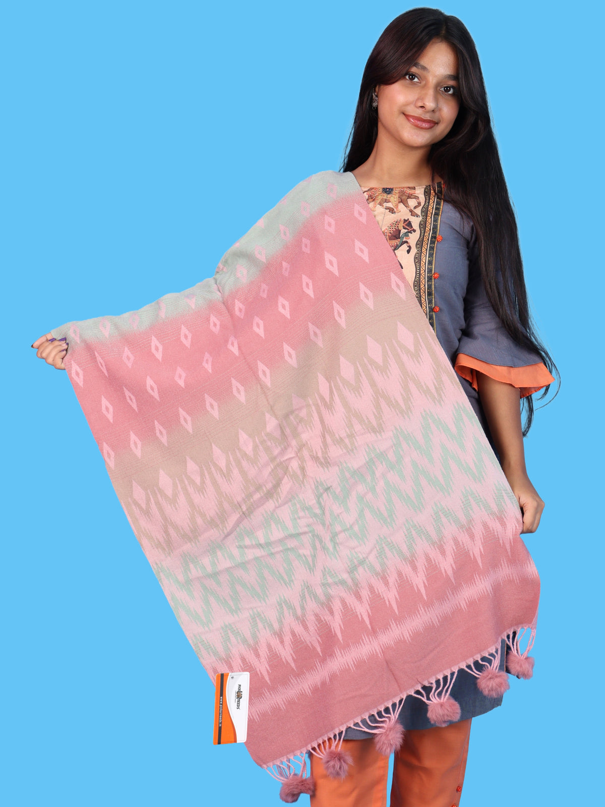Pick Ur Needs Women Winter Shawl Soft Warm Geometric Printed Woolen Style Stole with Pom Pom Tassels Stylish Long Wrap Muffler for Women & Girls