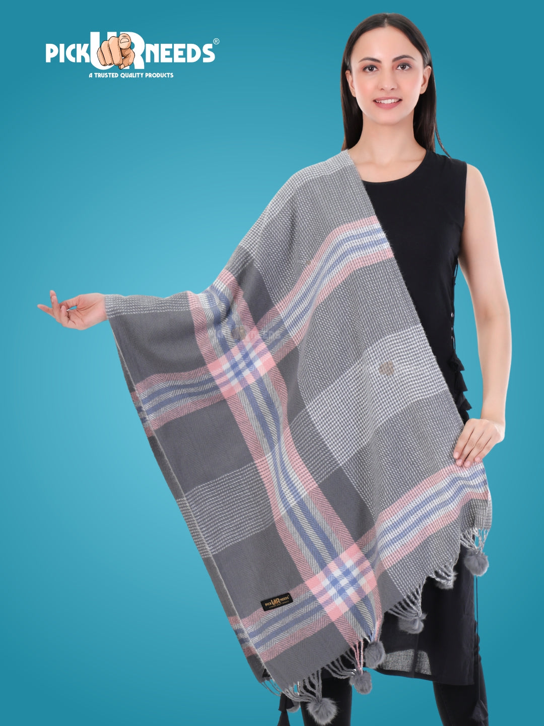 Pick Ur Needs Women's Soft Plaid Shawl Wrap Scarf with Pom Poms Warm Blanket Stole Fashionable Winter Gift for Ladies