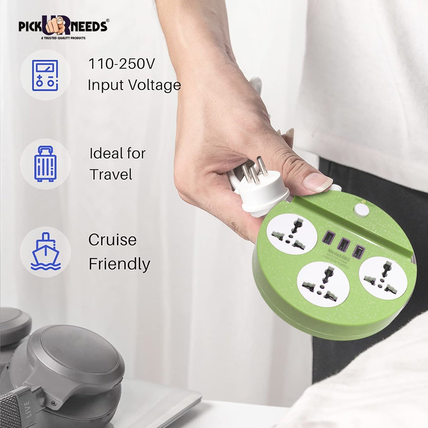 Pick Ur Needs Extension Cord Board with 3 USB Charging Ports and 3 Socket -10 Amp Heavy Duty for Multiple Devices Smartphone Tablet Laptop