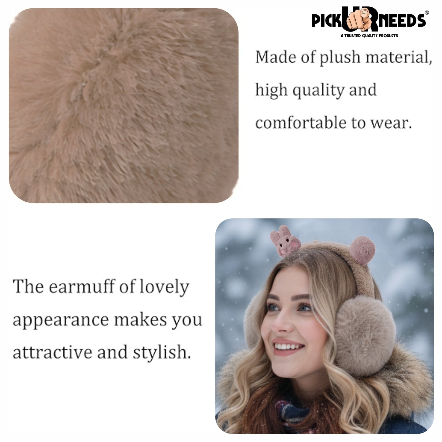 Pick Ur Needs Cute Bunny Ear Muffs for Women & Kids – Foldable Ultra-Soft Winter Earmuffs, Lightweight Plush Ear Warmers