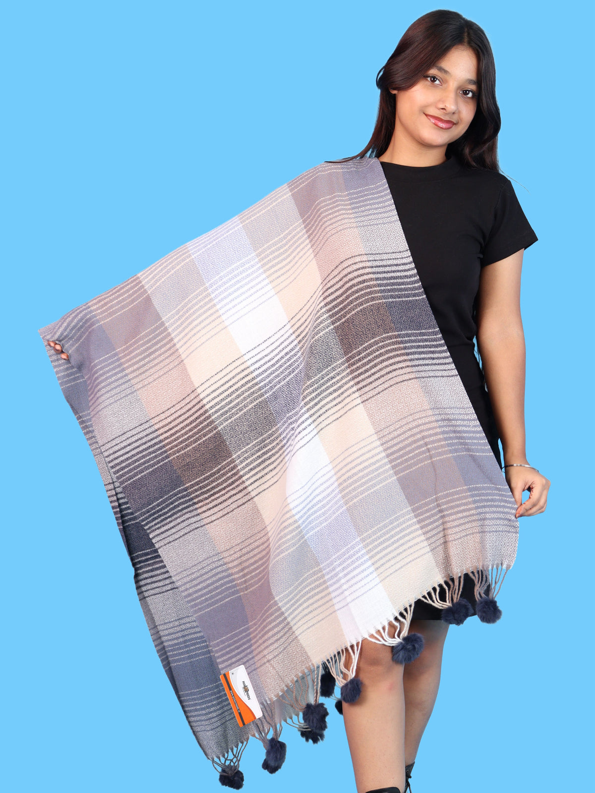 Pick Ur Needs Women & Girls Winter Shawl Soft Warm Striped Pattern Shawl with Tassel & Pom Pom Border Stylish Ladies Winter Wrap