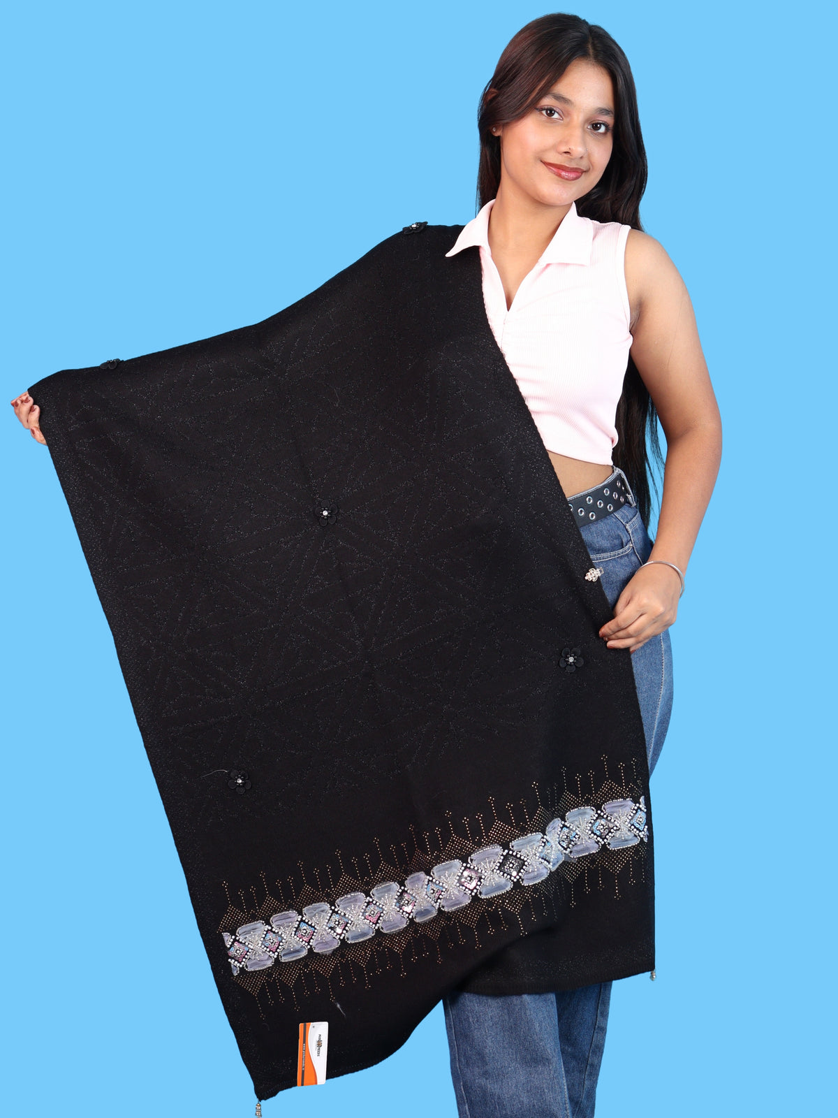 Pick Ur Needs Womens Soft Woolen Winter Girls Shawl with Elegant Geometric Design & Floral Embellishments Lightweight Warm Comfortable Ladies Shawl