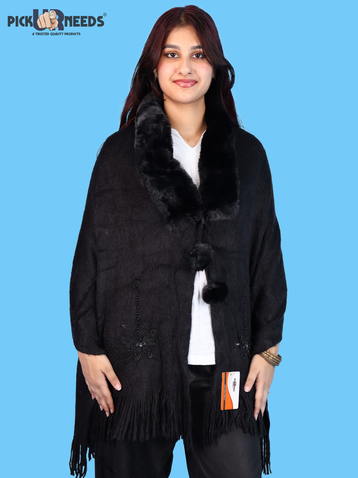 Pick Ur Needs Womens Faux Fur Collar Shrug with Pom Pom Tie Shawl Elegant Fringed Winter Wrap for Women & Girls