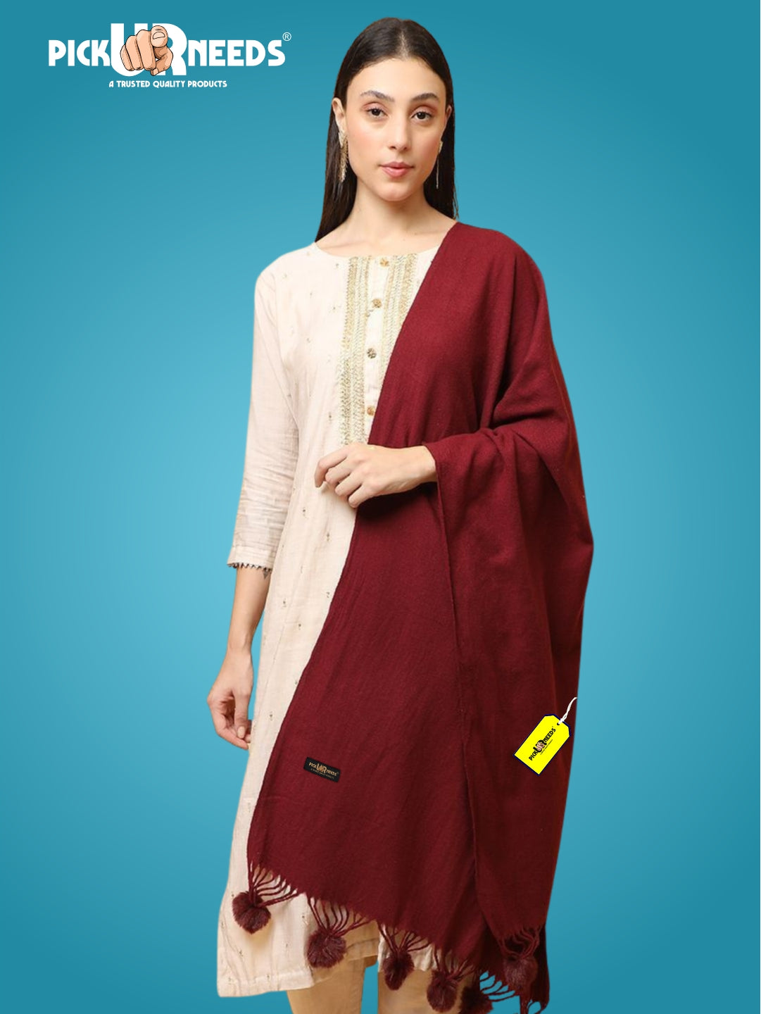 Pick Ur Needs Premium Women’s Wool Blend Scarf Soft Woolen Shawl Winter Stole with Tassels & Pom Poms