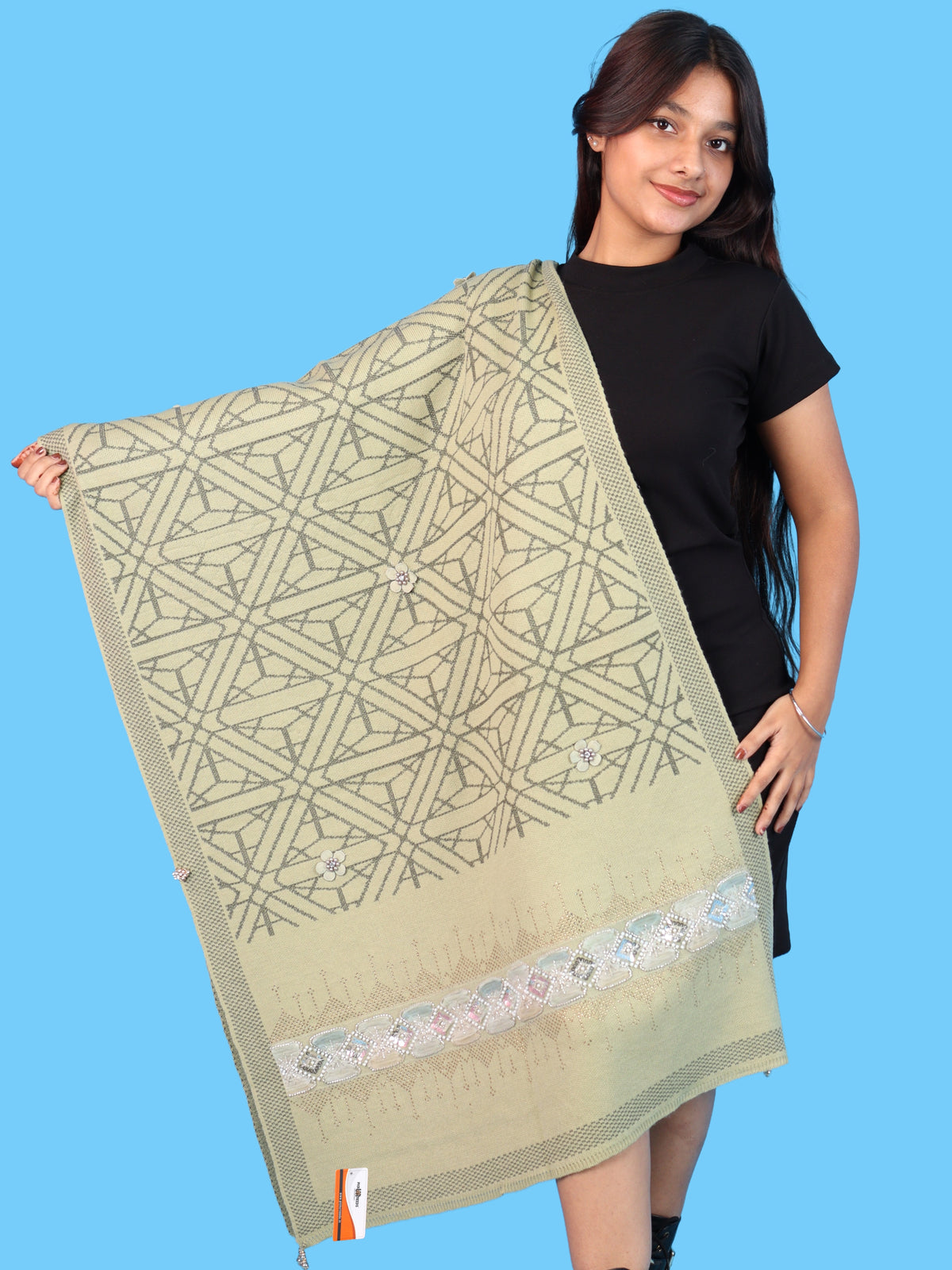 Pick Ur Needs Womens Soft Woolen Winter Girls Shawl with Elegant Geometric Design & Floral Embellishments Lightweight Warm Comfortable Ladies Shawl