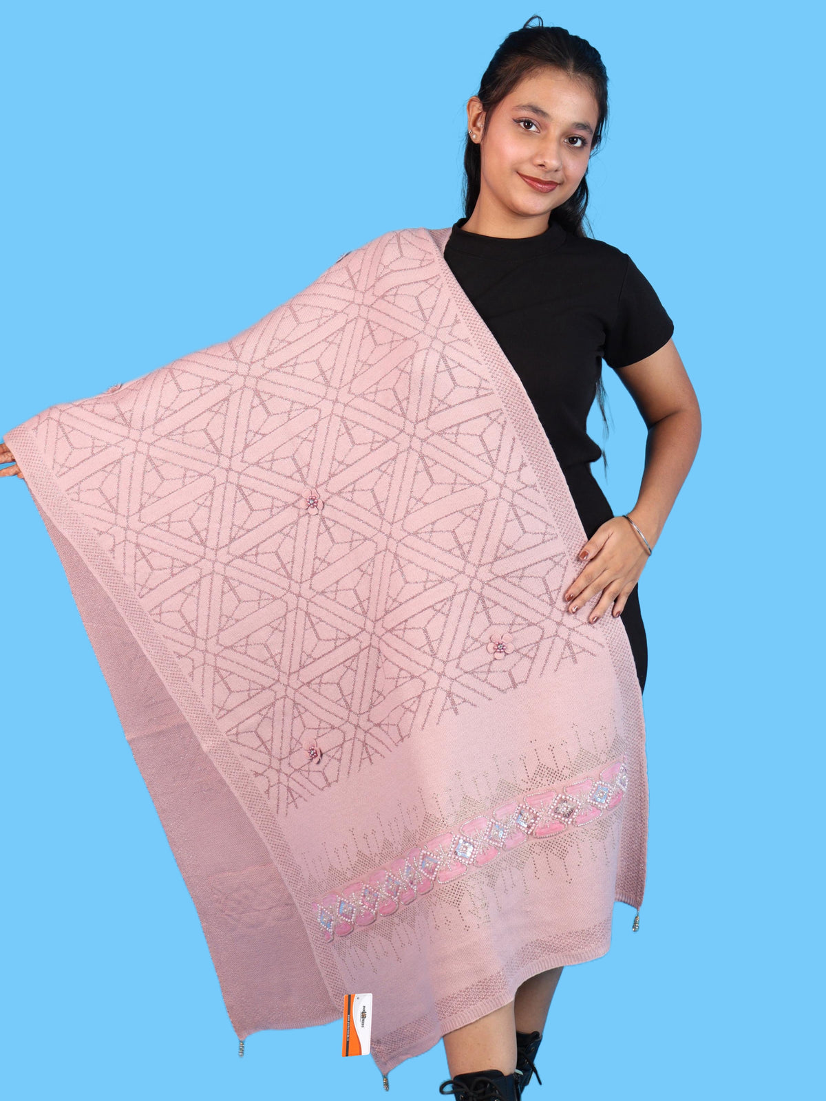 Pick Ur Needs Womens Soft Woolen Winter Girls Shawl with Elegant Geometric Design & Floral Embellishments Lightweight Warm Comfortable Ladies Shawl