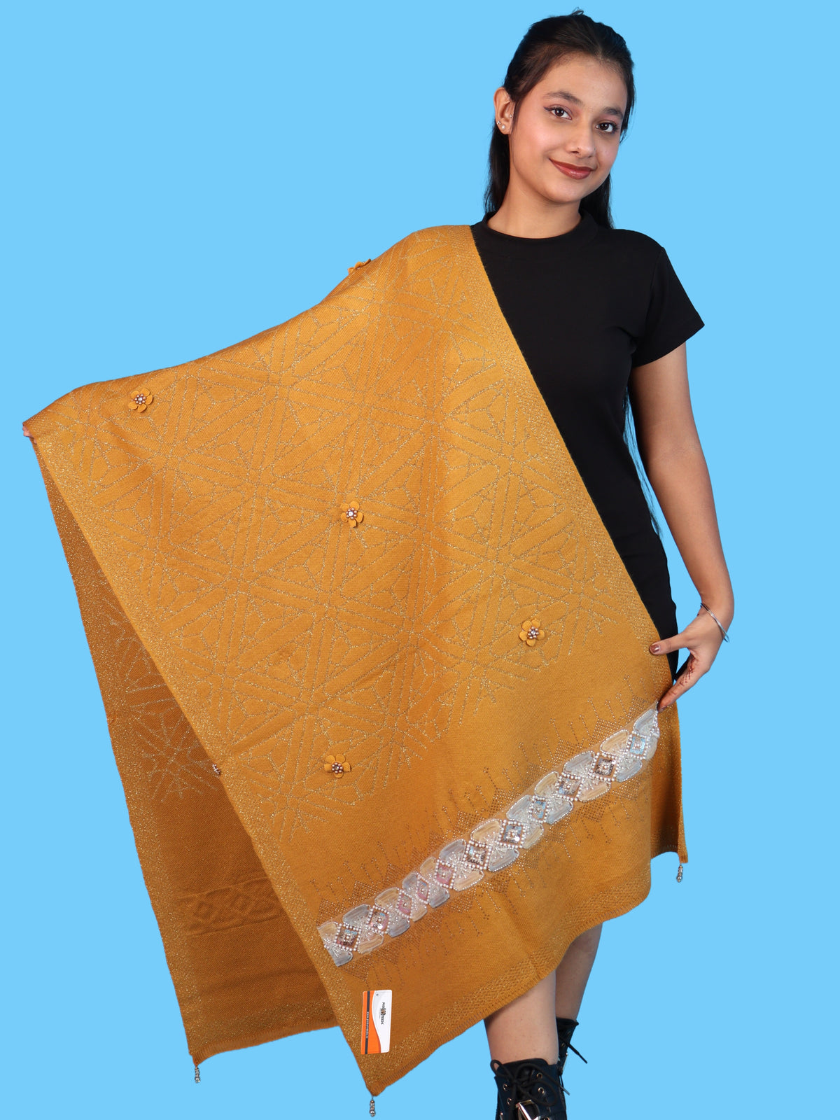 Pick Ur Needs Womens Soft Woolen Winter Girls Shawl with Elegant Geometric Design & Floral Embellishments Lightweight Warm Comfortable Ladies Shawl