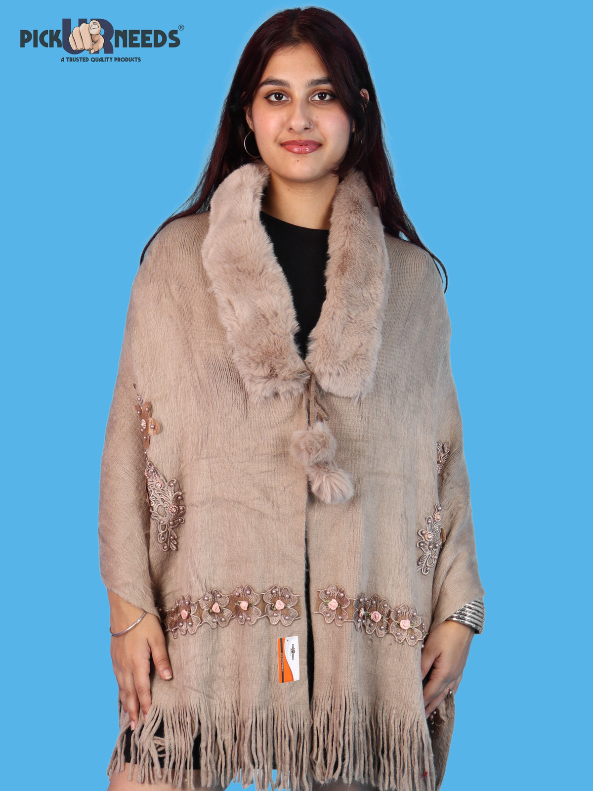 Pick Ur Needs Womens Premium Winter Shawl Shrug with Soft Fur Collar, Floral Embroidery, Pom-Pom Tie & Fringe Detailing Stylish Warm Wrap for Girls