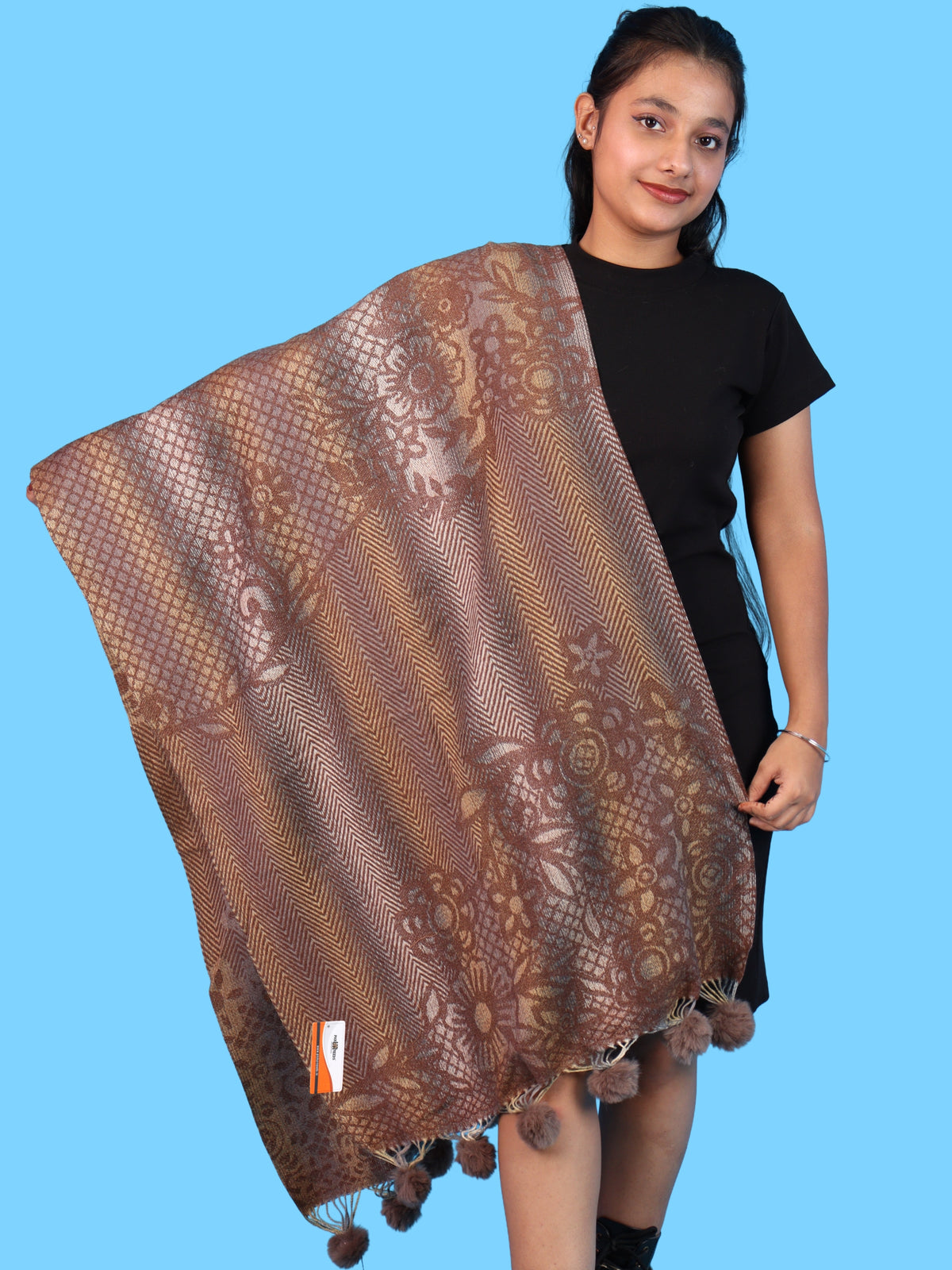 Pick Ur Needs Soft Woolen Designer Winter Shawl with Beautiful Floral Pattern & Pom Pom Tassels For Girls & Womens