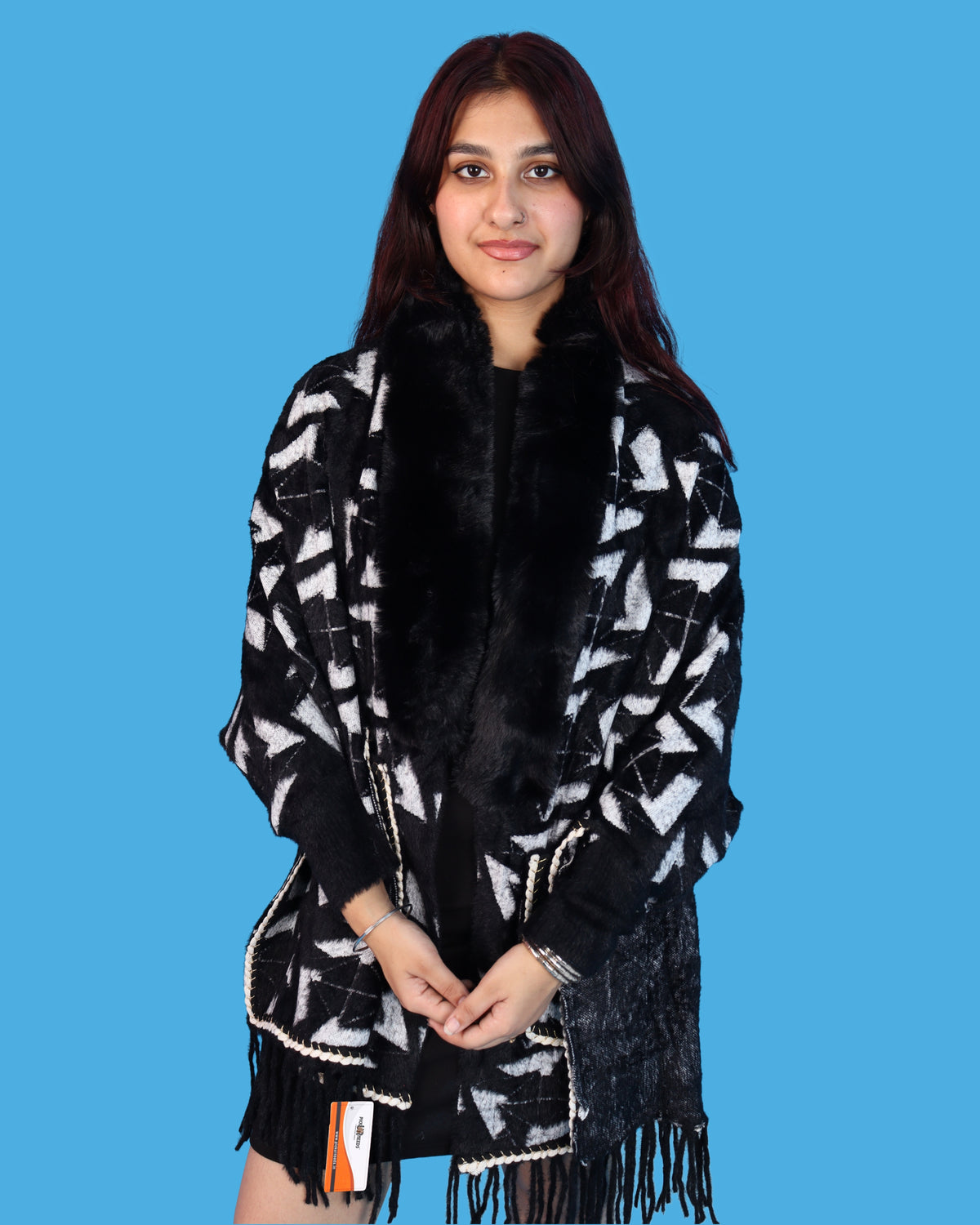 Pick Ur Needs Womens Warm Woolen Girls Shawl with Fur Collar, Elegant Printed Winter Wrap with Decorative Border & Tassel, Stylish Shoulder Stole for Wedding Party