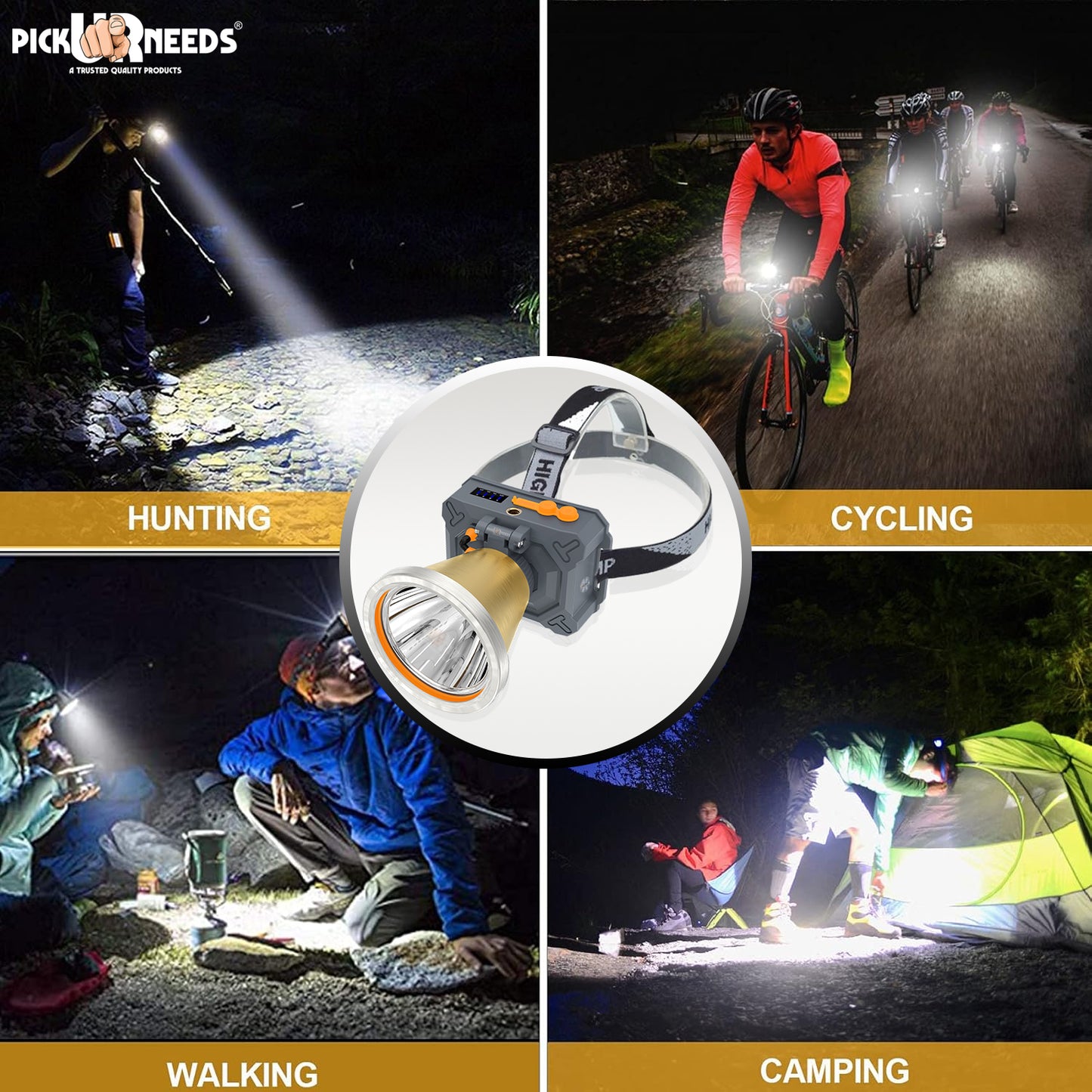 Pick Ur Needs Chargeable Head Lamp 3 Blink Mode Aluminum Body 4000mAh Battery 200W Bright LED 5 hrs Torch Emergency Light